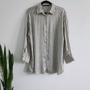 Zara Striped Button Down Shirt  Neutral Beige Blouse Workwear Classic Size S